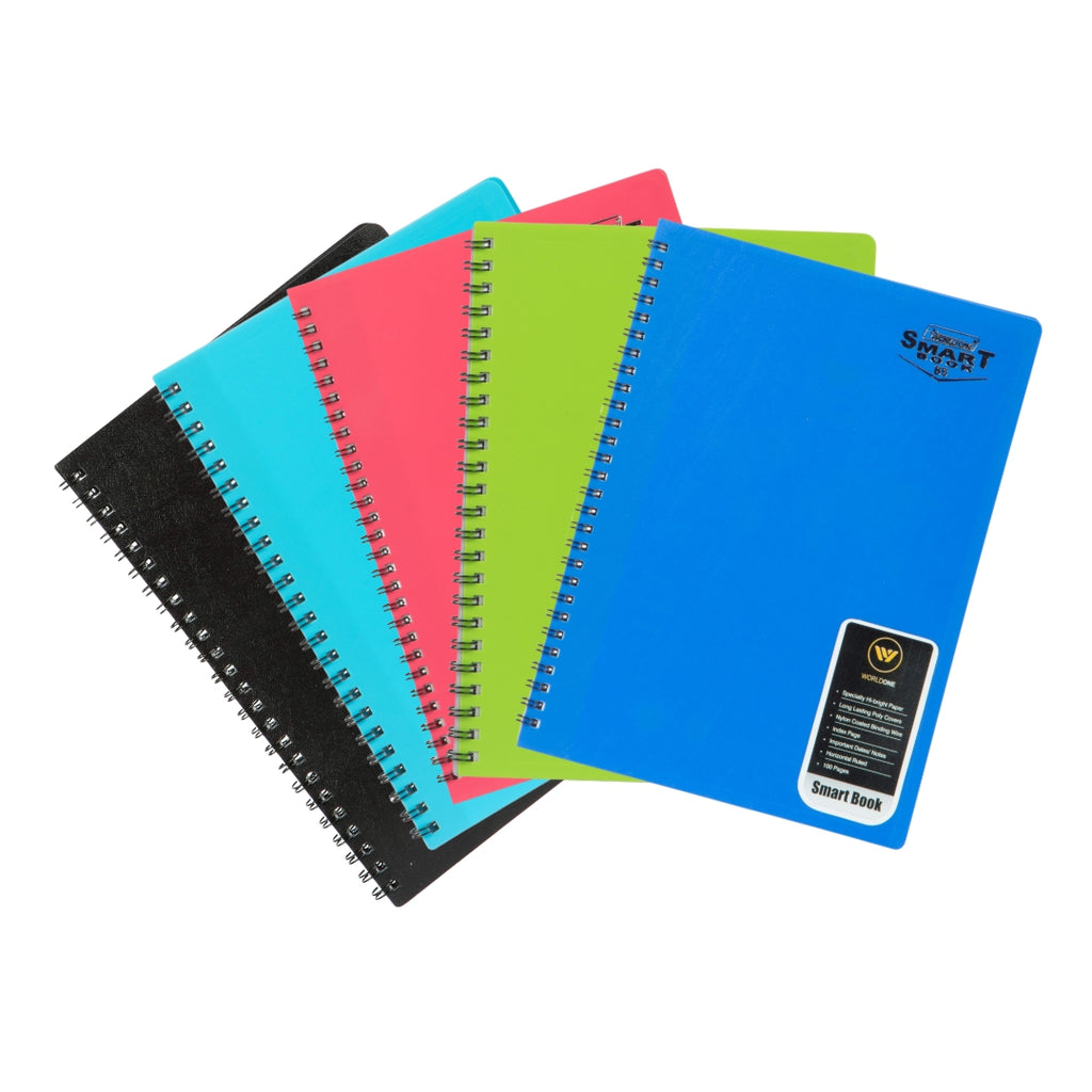 WORLDONE A5 (Small Size) | Wiro-Bound Smart Notebook | 100 Ruled Pages, 70 GSM Smooth Acid-Free Paper | Durable Nylon Binding | Assorted Colors (Pack of 5)