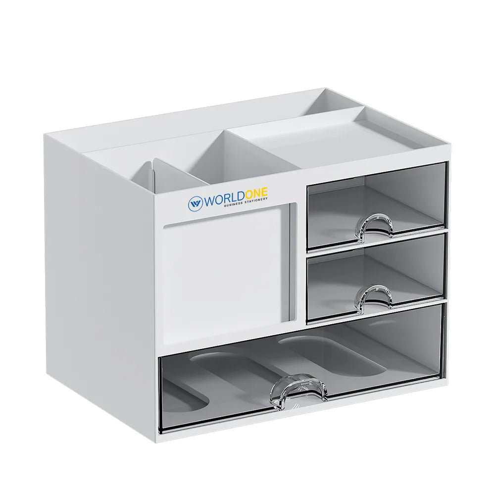 WORLDONE Plastic Desktop Organizer with 3 Drawers, Multi-Compartment Stationery Holder & Storage Box for Pens, Pencils, Office Supplies, Accessories & Small Essentials, White, 20.8 × 14.3 × 15.5 cm