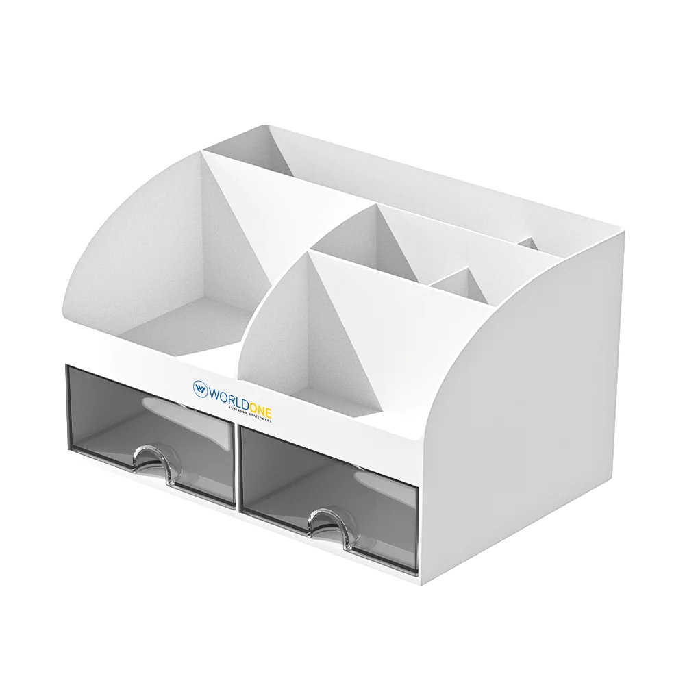 WORLDONE Plastic Desk Organizer with 2 Drawers, Multi-Compartment Storage Holder for Pens, Pencils, Markers & Office Supplies, Desktop Organizer for Home, Office & Study, White (21.1 × 14.2 × 12 cm)