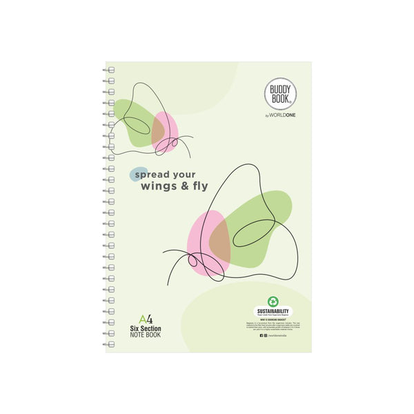 Worldone 6 Subject Notebook with Designer cover as per availability, 300 Eco friendly and elemental chlorine-free Unruled Pages, Spiral Binding, Soft Cover, useful for writing quick notes & for doodling, in offices, conferences, A4 Size
