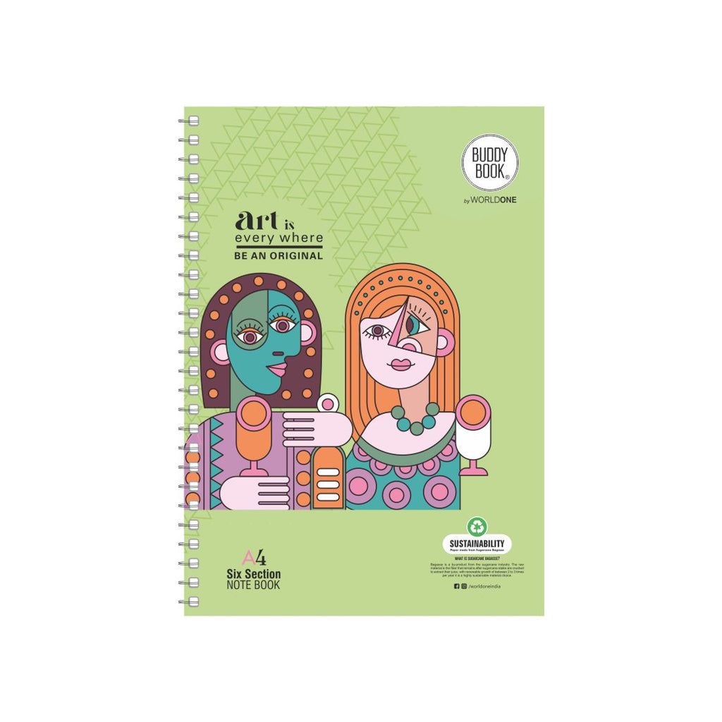 Worldone 6 Subject Notebook with Designer cover as per availability, 300 Eco friendly and elemental chlorine-free Unruled Pages, Spiral Binding, Soft Cover, useful for writing quick notes & for doodling, in offices, conferences, A4 Size