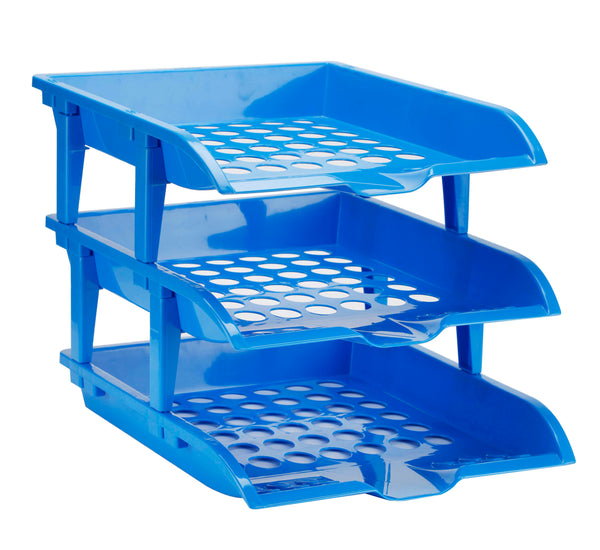 Worldone 3 Tier Paper Tray for office Desk Accessories Organizer, Durable & Sturdy, Color Blue, Set of 1