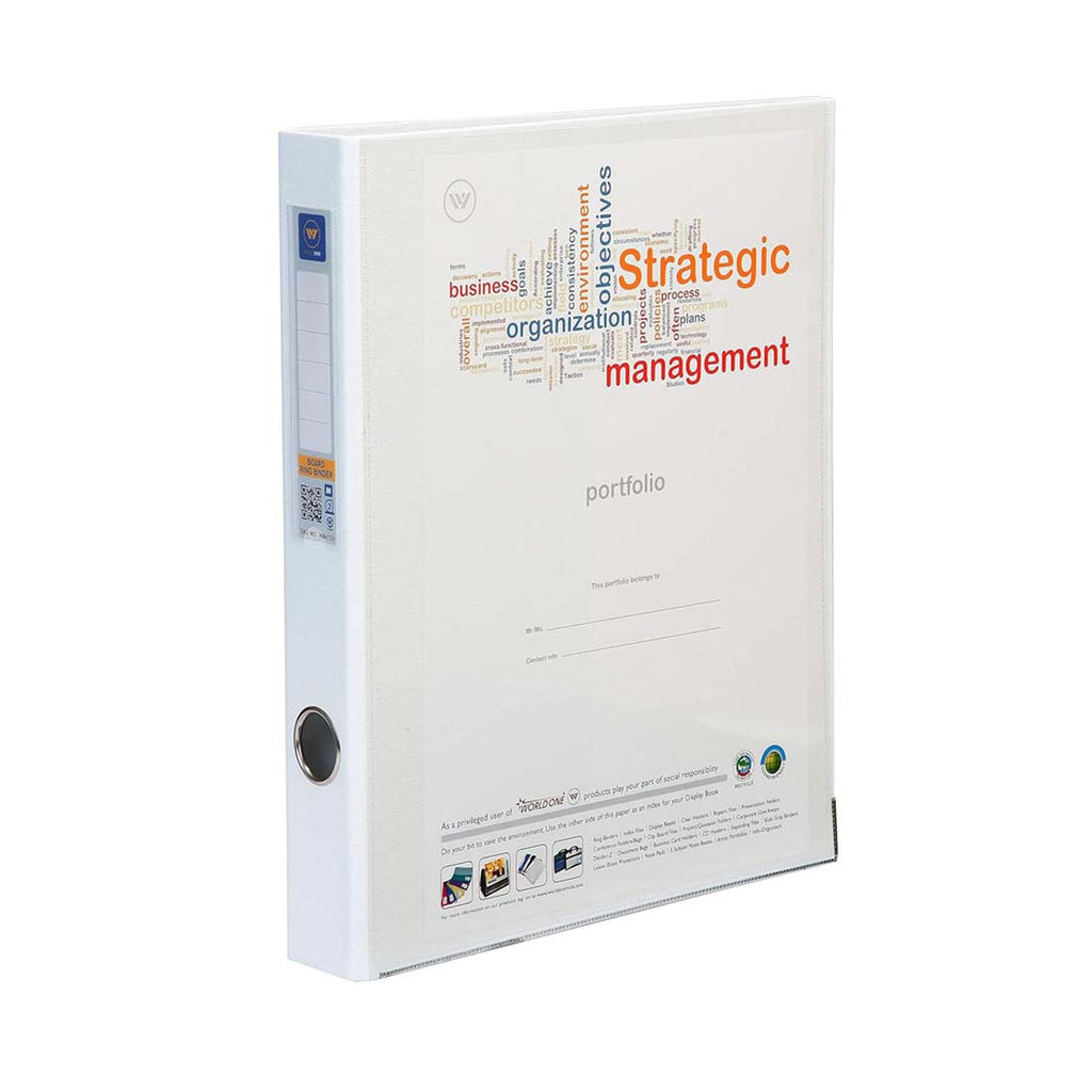 Worldone 2D Ring Binder File | A4 Size with 25mm Electroplated Clip, Front View Pocket, Spine Label, and Keyhole | PVC Pasted on Durable Hard Board | Color Milky White
