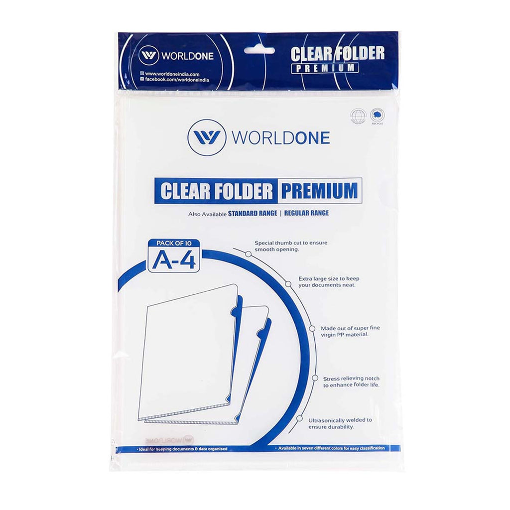 Worldone Clear L Folder, Made of fine Virgin 140 Micron, Ideal for Keeping documents & Data Organised, Color Transparent Natural White, Size A4, Pack of 20 Pieces
