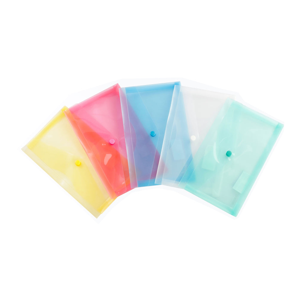 Worldone A6 Size Cheque Translucent Bag, made in 0.2 mm Thick PP Sheet, Expandable Design for Extra Storage, Edge Sealing, Machine Fitted Snap Button, Assorted Color, Pack of 12