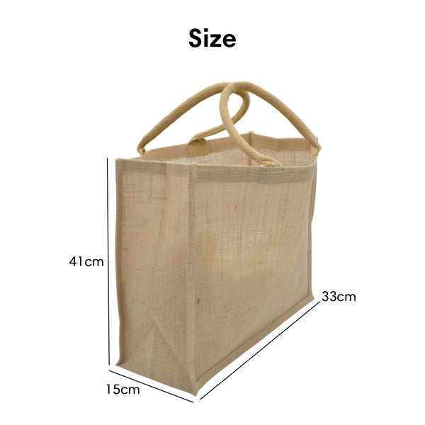 Worldone Laminated Jute Carry Bag (41 x 33 x 15 cm) | Durable Reusable Shopping Tote with Comfortable Handles | Eco-Friendly Grocery, Exhibition & Gift Bag | Natural Brown | Pack of 2