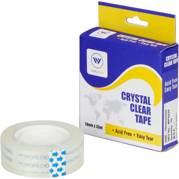 Worldone Crystal Clear Tape Easy Tear Acid Free Strong Adhesive Tape for School Projects Christmas Gift Wrapping Essential Supplies & Office Use, Size 18mm x 33mt Natural Color