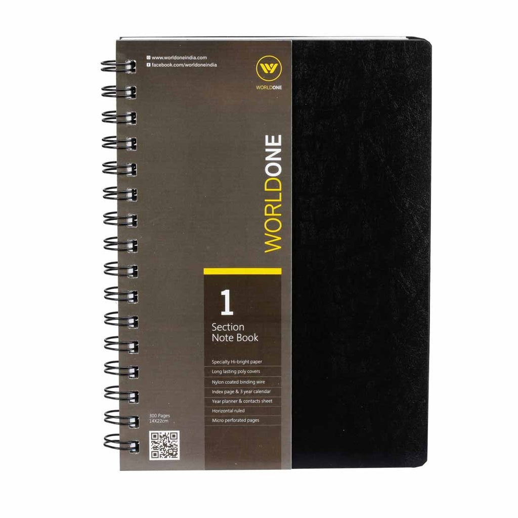 Worldone 1 Section Nylon Coated Wiro Binding Notebook with Black PP flexi long lasting front & back cover, 70 gsm Hi Bright 160 Ruled Pages with Contact Sheet, index pages & 3 year calendars for office, school & college, Ideal for Corporate gifting