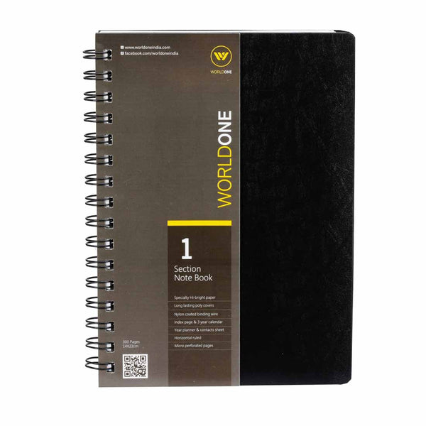 Worldone 1 Section Nylon Coated Wiro Binding Notebook with PP flexi long lasting front & back cover 70 gsm Hi Bright Pages Year Planer & Contact Sheet index pages & 3 year calendar 160 Ruled Pages for office, conference in school & college , Black