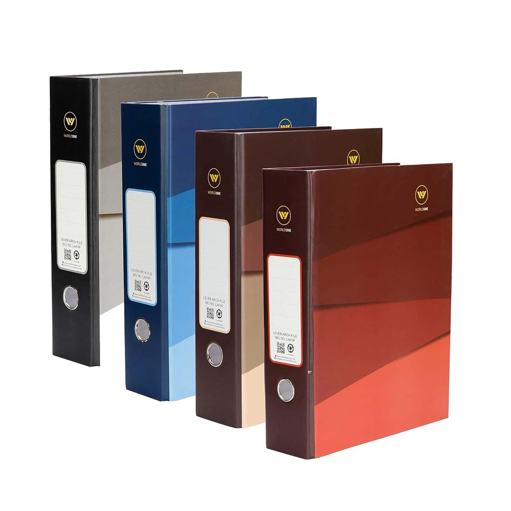 Worldone Paper Lever Arch File, 2.6mm Thick paper+paper hard board Sheet, 90g Heavy Duty Arch Clip, keeps the File Standing even with 500 pages, Wide Spine Label, Set of 4, Size FC, Assorted Color