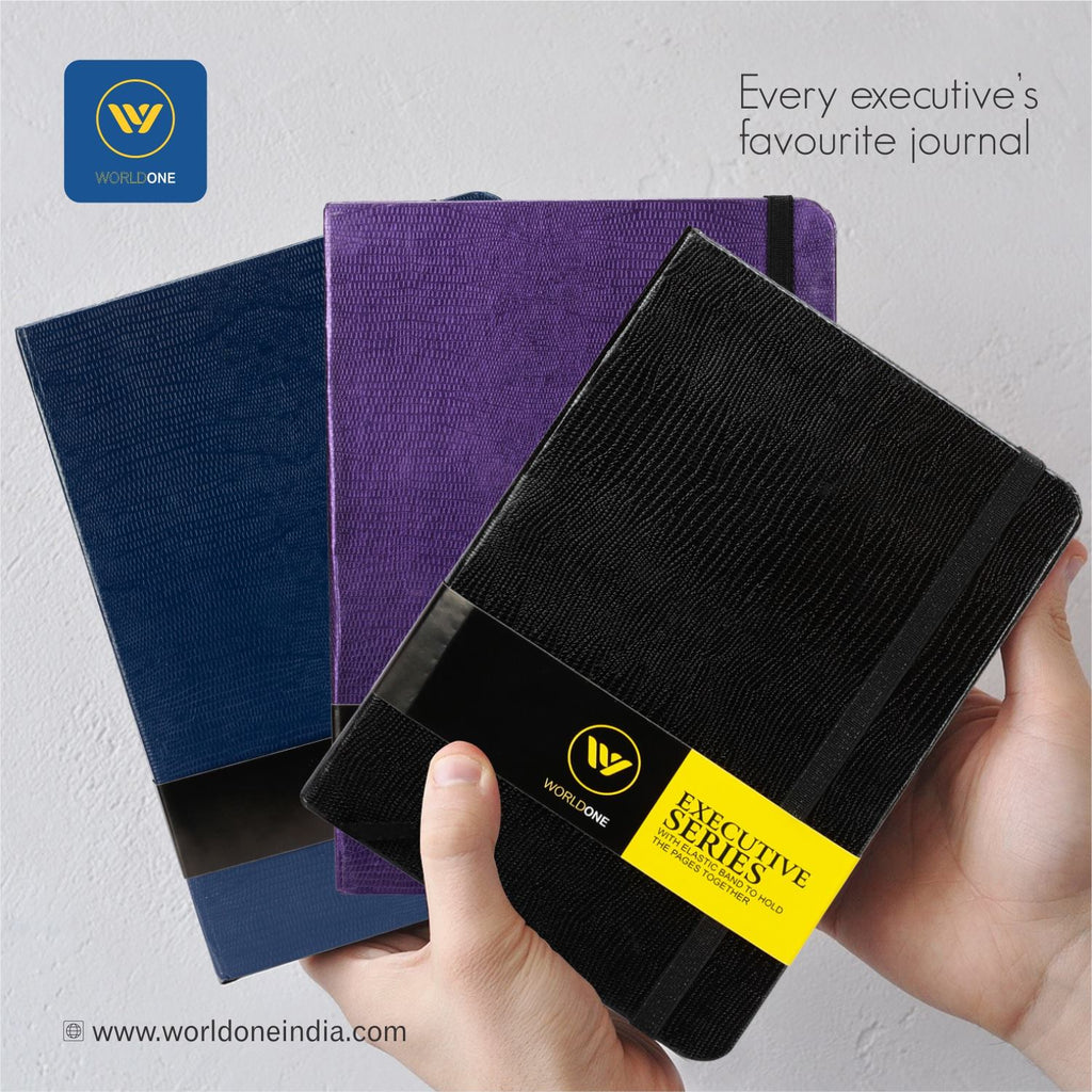 Worldone PU Leather Finish Card board Bound Executive Journal Notebook with 80gsm, 176 Ruled , 8 Graphs & 8 Plain Pages, Elastic Closure, Acid Free, Bright Paper, Pack of 2 Notebooks in Assorted Colour
