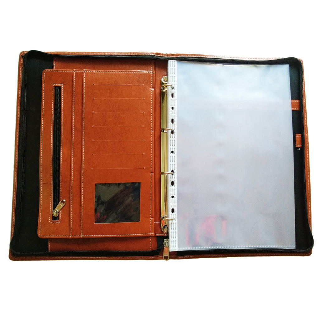 Worldone Multipurpose Executive Folder for Documents with 20 Leaves, 4 Rings Clip that Holds leaves Securely, Leatherite Cover, Multiple Compartments for Keeping Loose Papers, Credit cards, Name cards, Suited Best for Interviews, Meeting Size FC, Brown