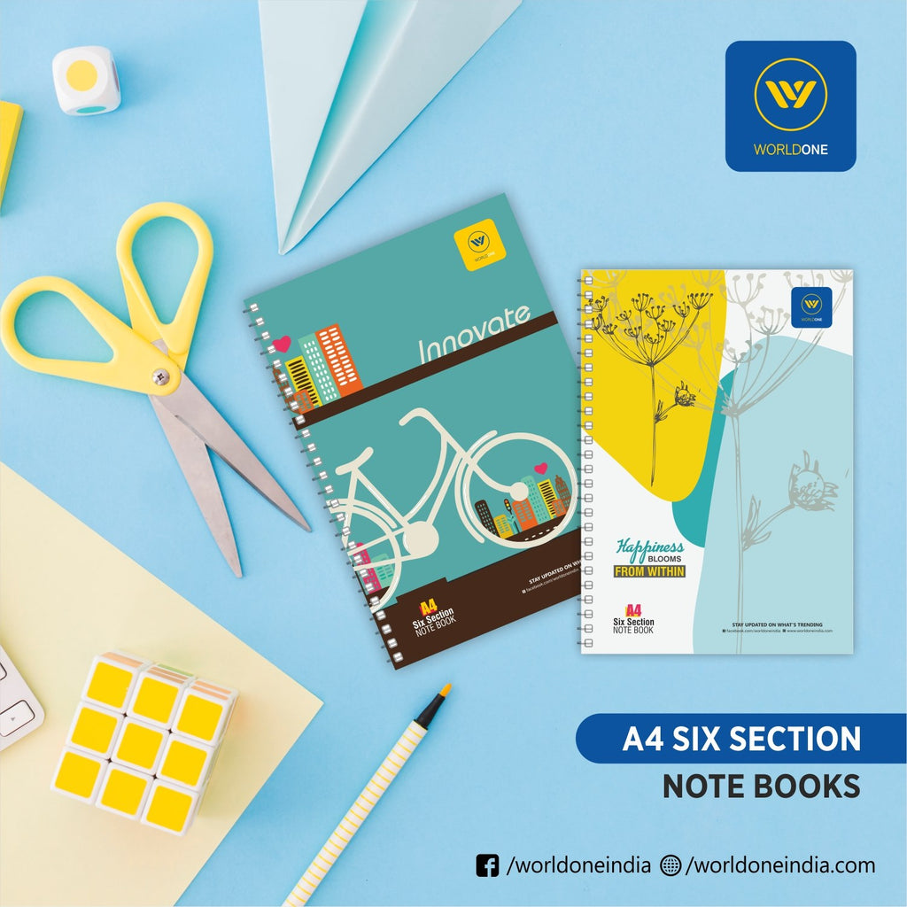 Worldone 6 Subject Notebook with Designer cover as per availability, 300 Eco friendly and elemental chlorine-free Unruled Pages, Spiral Binding, Soft Cover, useful for writing quick notes & for doodling, in offices, conferences, A4 Size
