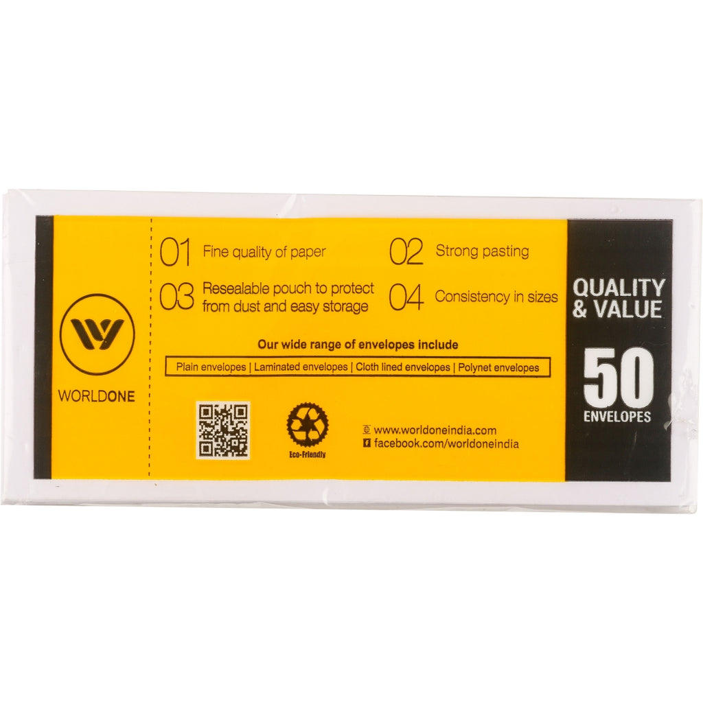 Worldone Super white Laminated Resealable Envelopes, Fine Quality 120 gsm Paper, Strong Pasting, to Protect from Dust & Easy Storage, Envelope for Postage Packaging Courier Shipping, Mailing, Documents & Bill, 50 Pcs in a pocket