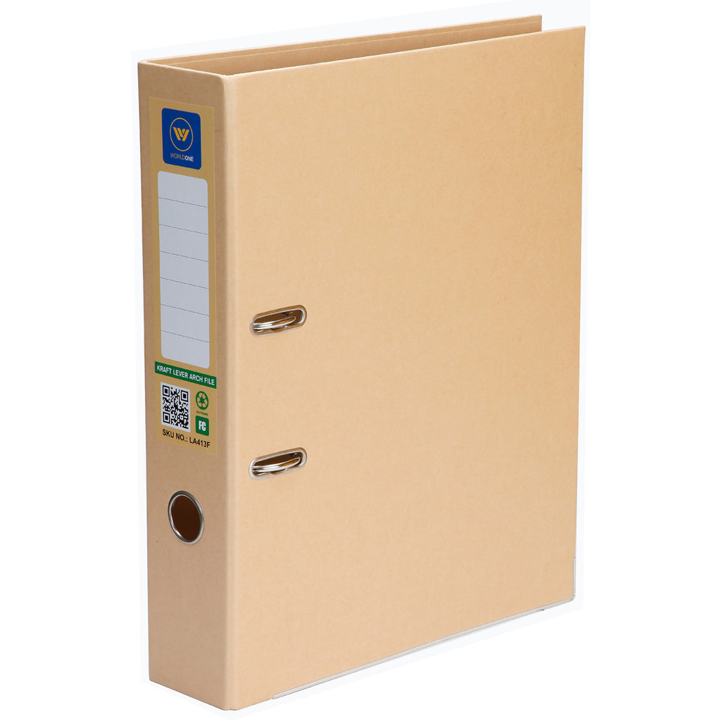 Worldone Natural Craft Lever Arch File for Document 2.2mm Thick Cardboard Sheet Keeps The File Standing, Heavy Duty Arch Clip, Wide Spine Label Edge for Corner Protection, Size FC