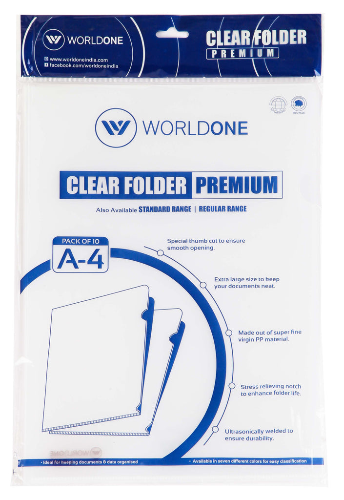 Worldone Clear Folder Documents Sleeve, Made of super fine virgin 140 micron PP material, Ideal for keeping documents & Data Organised, Transparent, Size A4, Pack of 20 Pieces