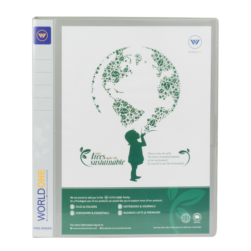 Worldone 4D Ring Binder File for Documents 25mm Chrome Plated Clip with Plastic Stopper, 1.2mm pp Sheet, Front View Pocket to Insert Title/Theme, Spine Label
