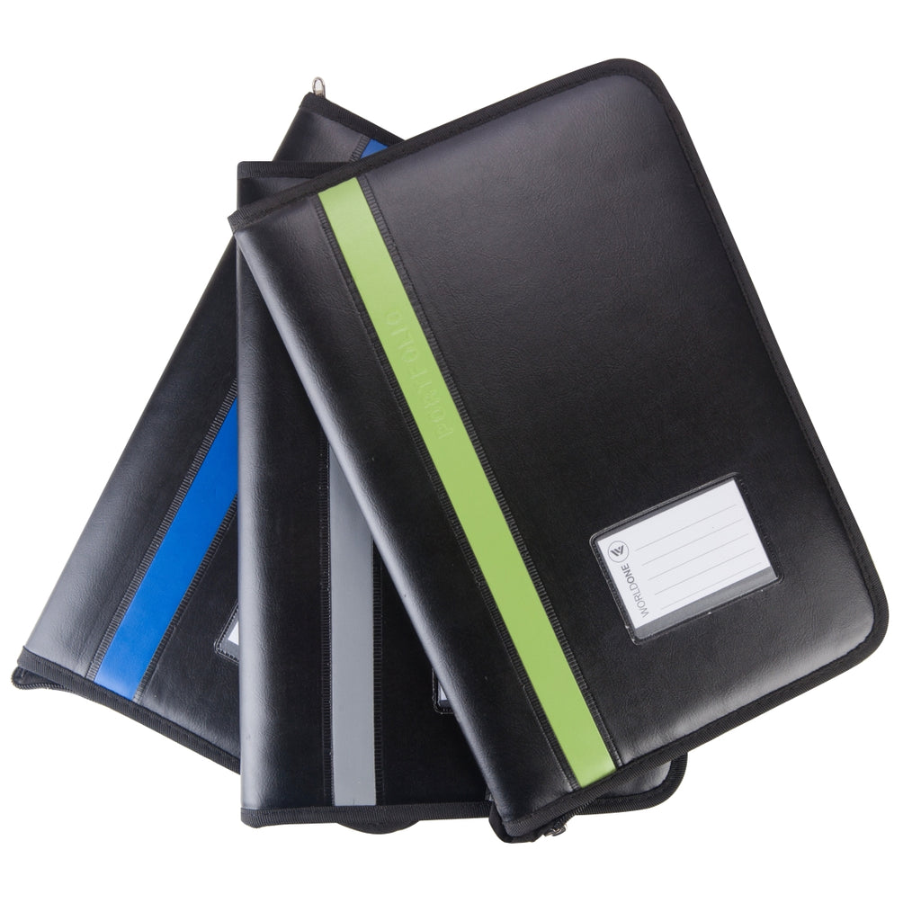 Worldone Portfolio Display Book Folder Zipper closed with 20 Pocket Transparent Inner Pocket, Leatherite Cover, Various of Inside Pocket for Keeping Loose Papers, a Pen Holder, Name Card Holder