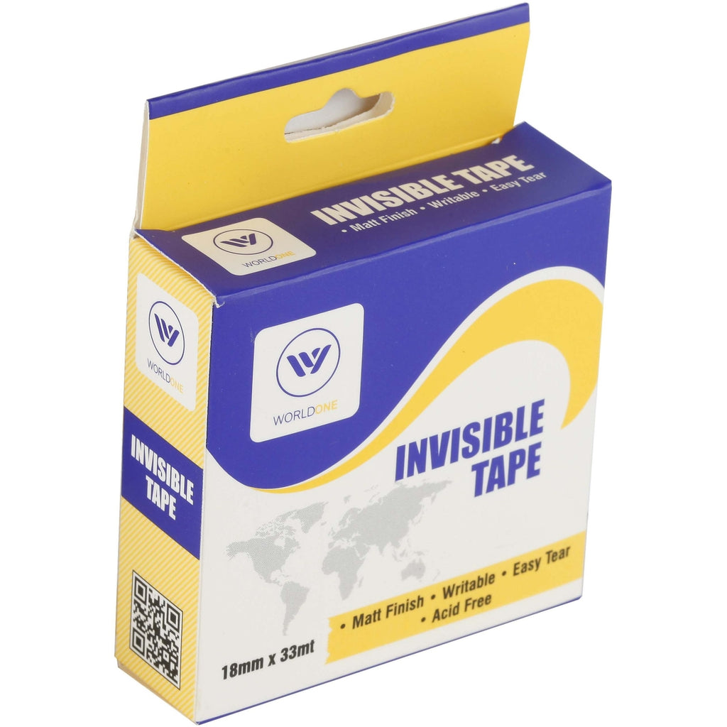 Worldone Invisible Tape, Matte Finish, Writable, Tearable, Acid Free, for Projects, Wrapping, Labelling, Pointing mistakes, Essential Office Supplies